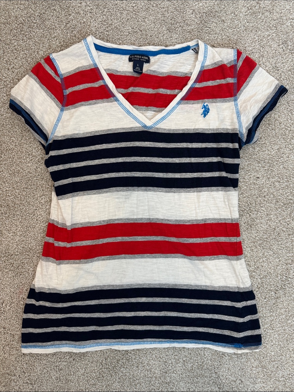 U.S. Polo Assn. Red, Navy & White Striped V-Neck Tee